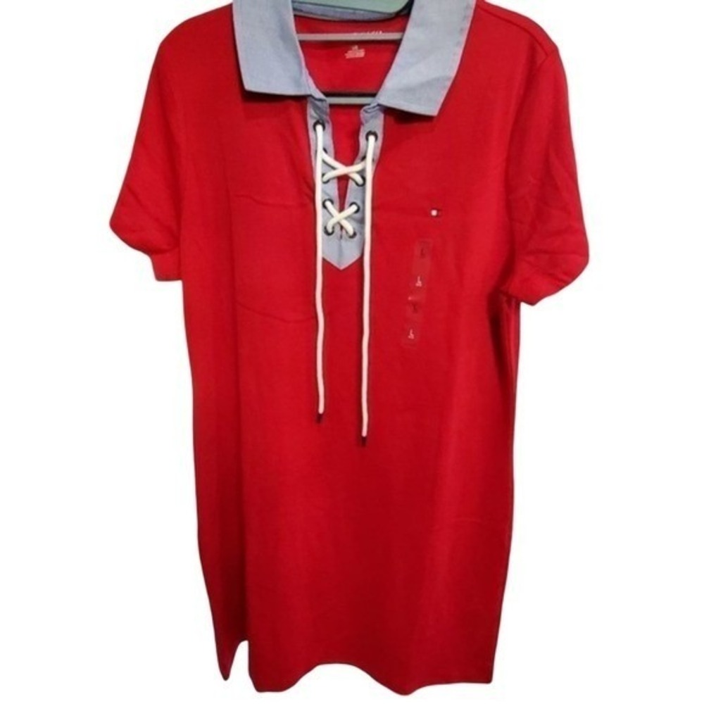 Tommy Hilfiger Womens Red Lace Up Polo Dress Short Sleeve Cotton NWT Large